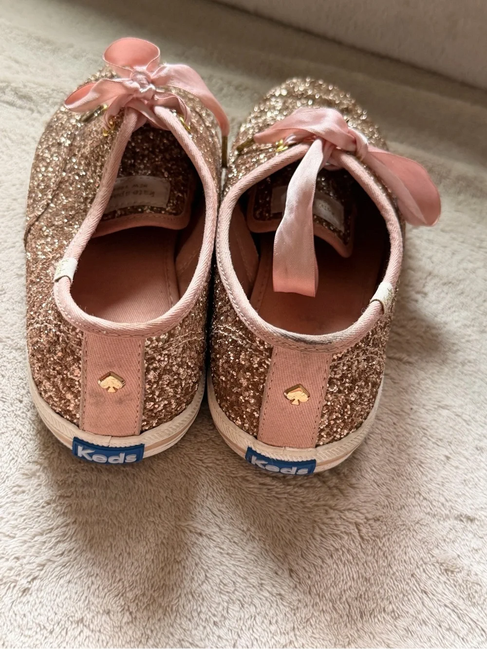 kate spade Keds  Rose Gold Glitter Espadrille Sneakers with Pink Ribbon